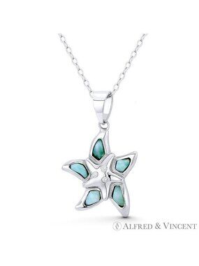 Starfish Charm Created Chalcedony & CZ Crystal Pendant in .925 Sterling Silver